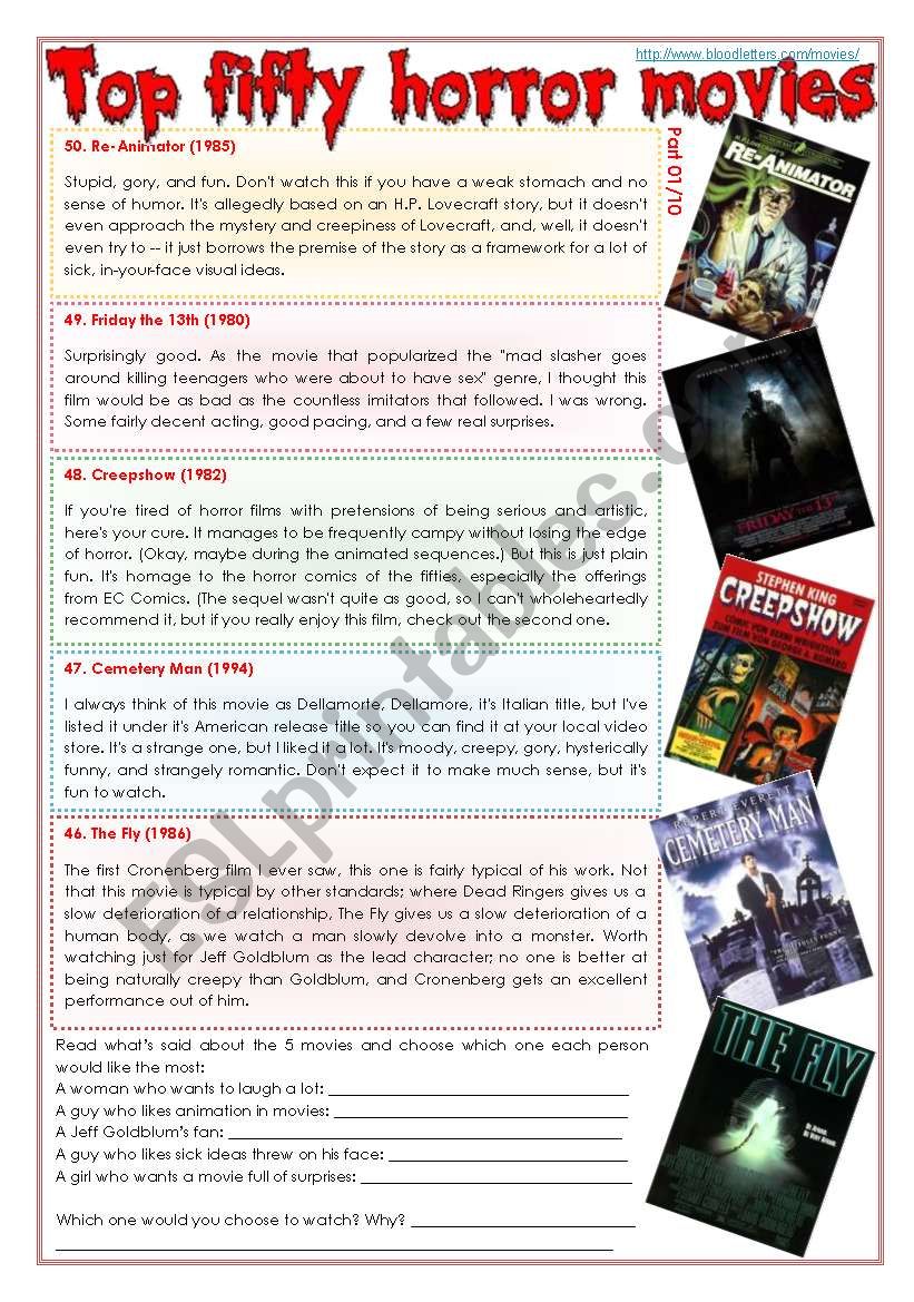 Top fifty horror movies [part 01/10] (comprehension, writing, pair work + superlatives) [3 pages] ***fully editable 